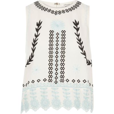 Cream print embroidered tank top